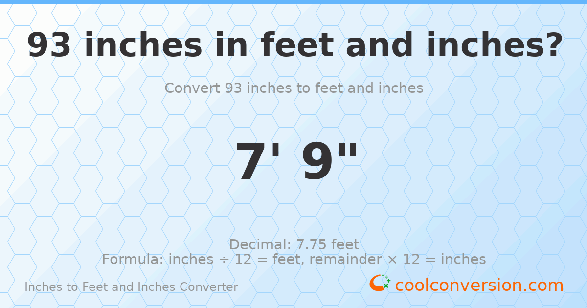 93 inches to feet and inches — 93 in = 7' 9"