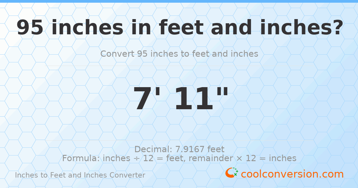 95 inches to feet and inches — 95 in = 7' 11"
