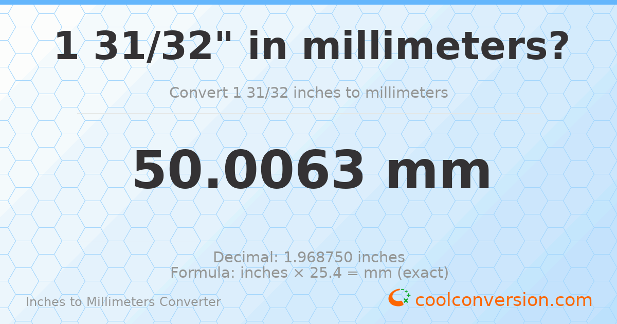 1 31/32 inches to mm — 50.0063 mm