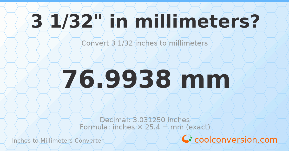 3 1/32 inches to mm — 76.9938 mm