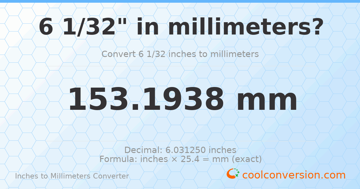 6 1/32 inches to mm — 153.1938 mm