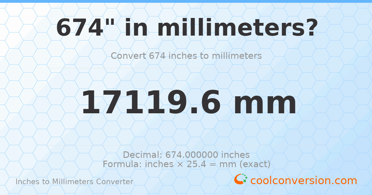 674 inches to mm — 17119.6 mm