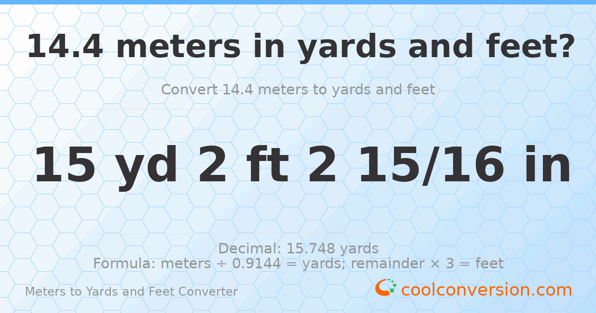 14.4 meters to yards and feet — 15 yd 2 ft