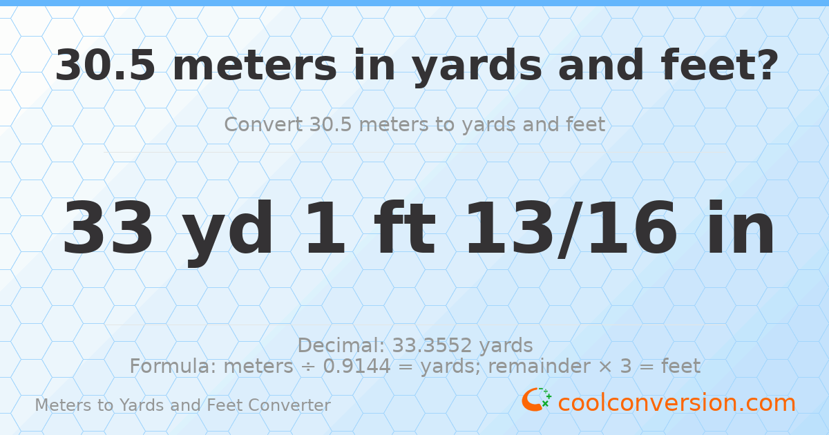 30.5 meters to yards and feet — 33 yd 1 ft