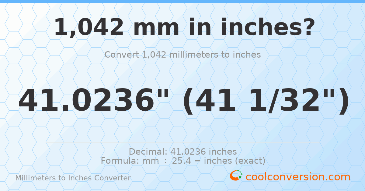 1042 mm to inches — 41.0236"