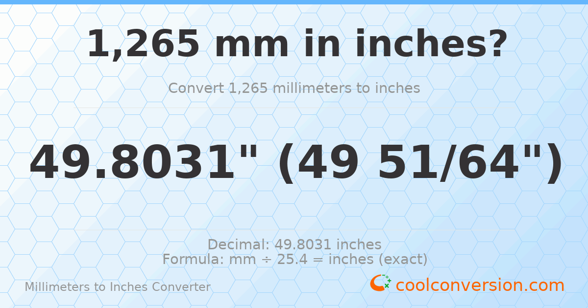 1265 mm to inches — 49.8031"