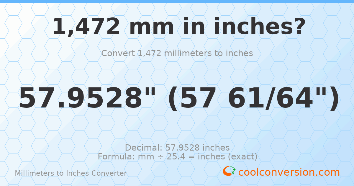 1472 mm to inches — 57.9528"