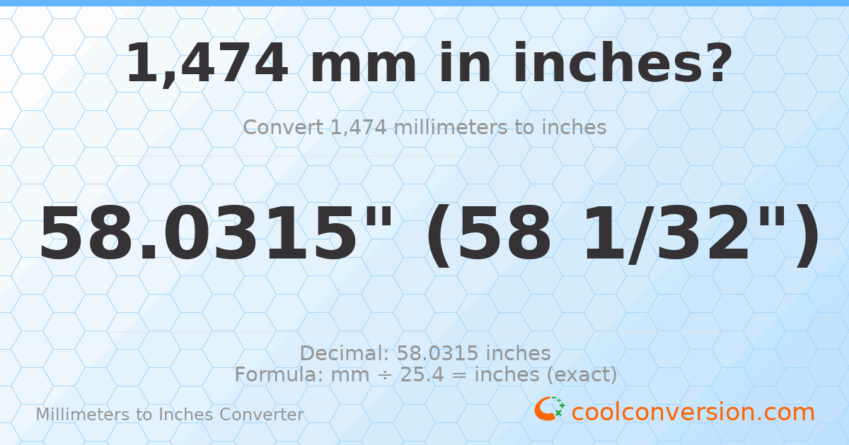 1474 mm to inches — 58.0315"