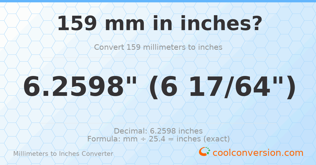 159 mm to inches — 6.2598"