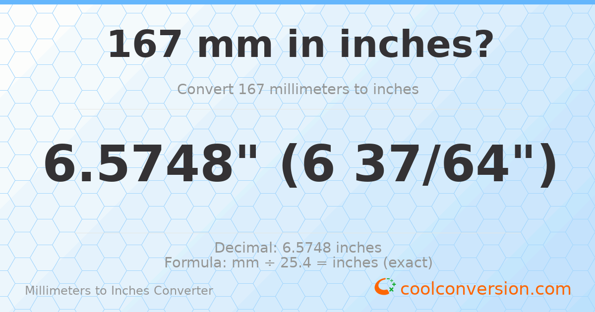 167 mm to inches — 6.5748"
