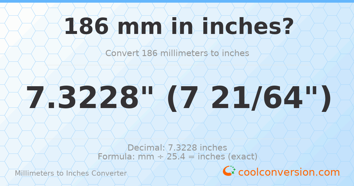 186 mm to inches — 7.3228"
