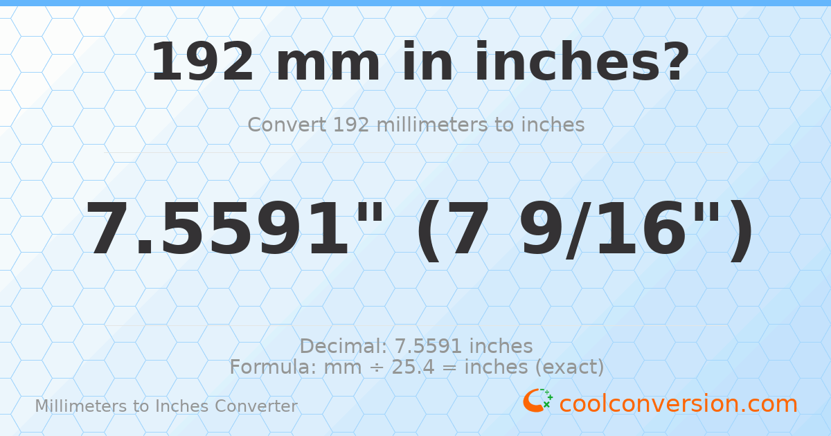 192 mm to inches — 7.5591"