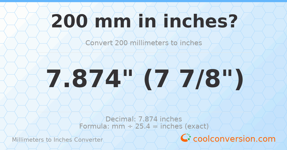 200 mm to inches — 7.874"