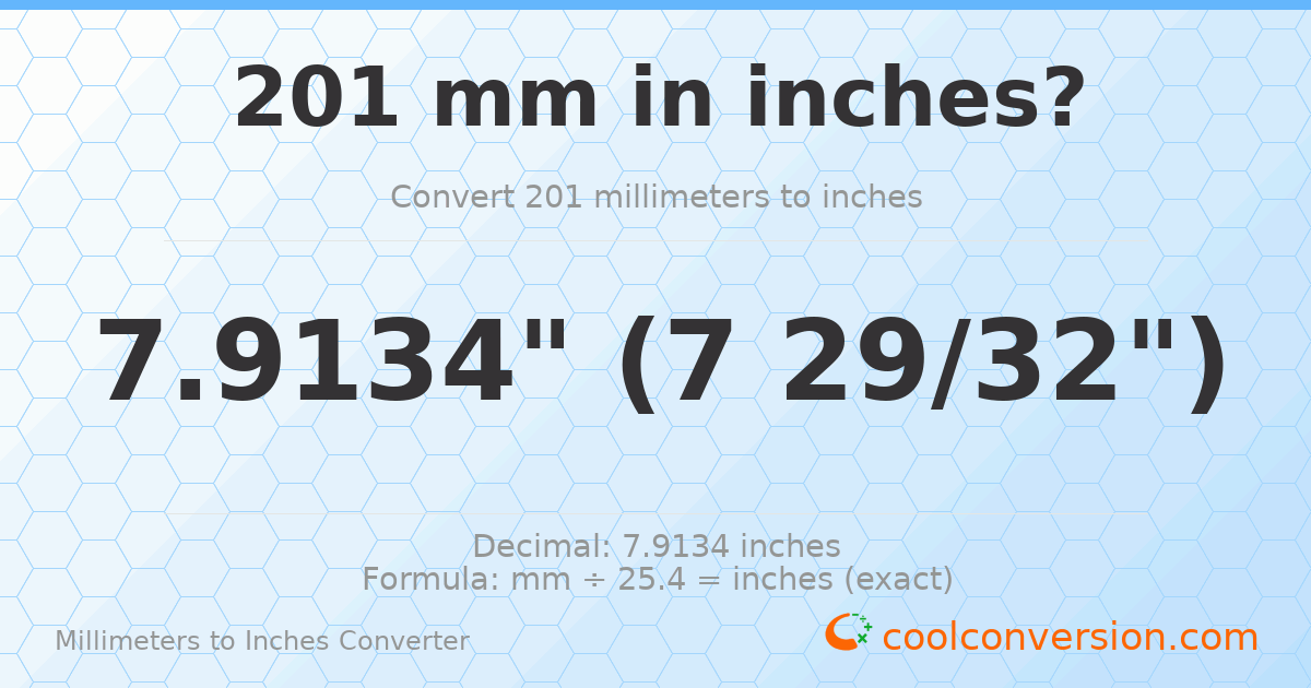 201 mm to inches — 7.9134"