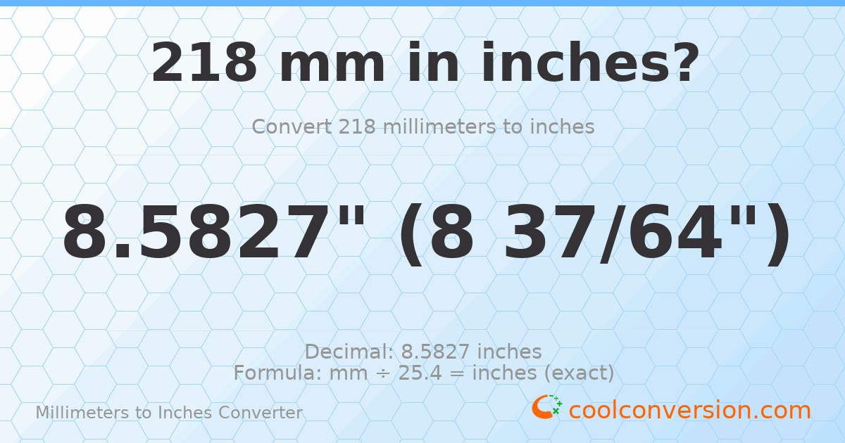 218 mm to inches — 8.5827"