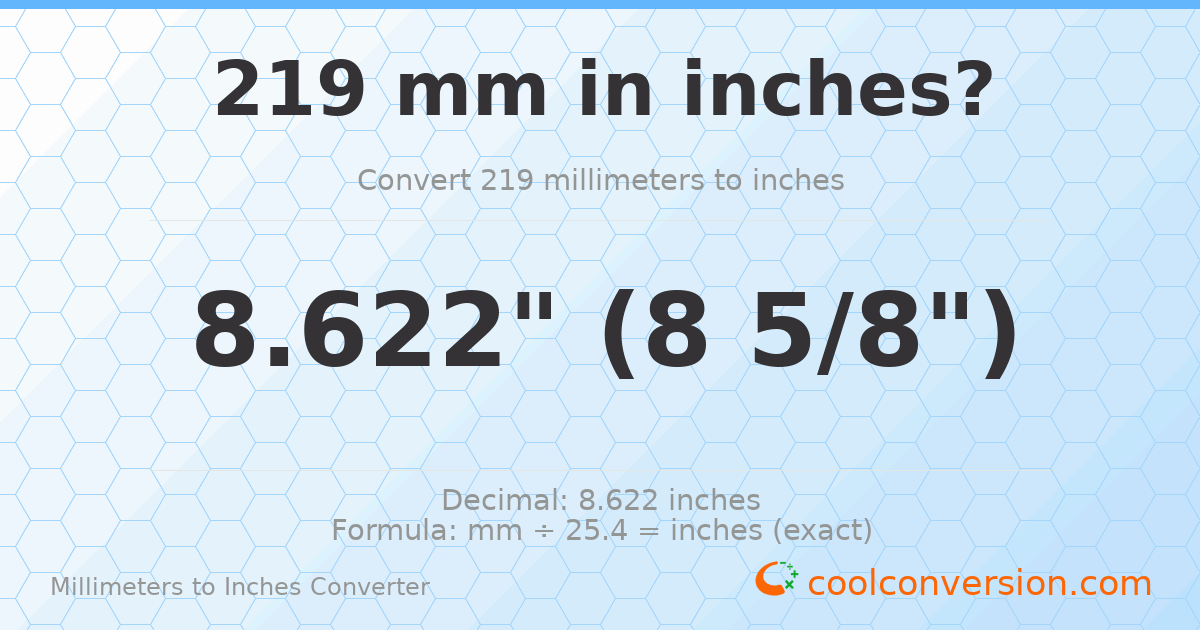 219 mm to inches — 8.622"