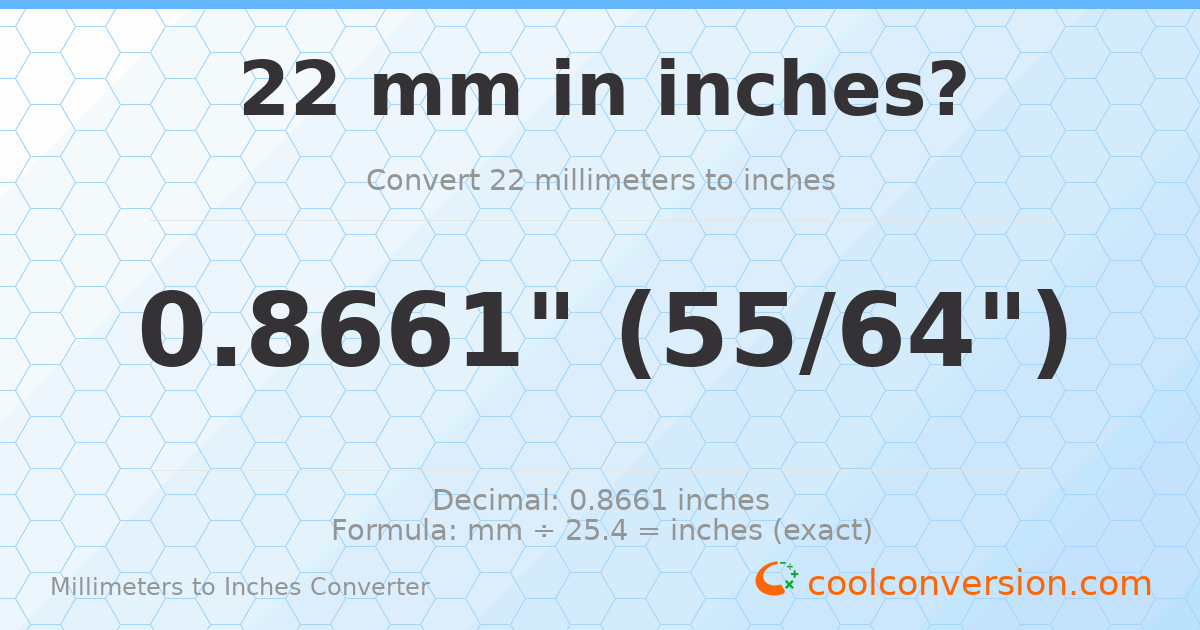 22 mm to inches — 0.8661"