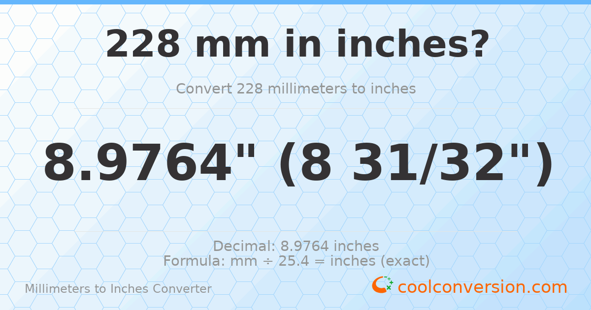 228 mm to inches — 8.9764"