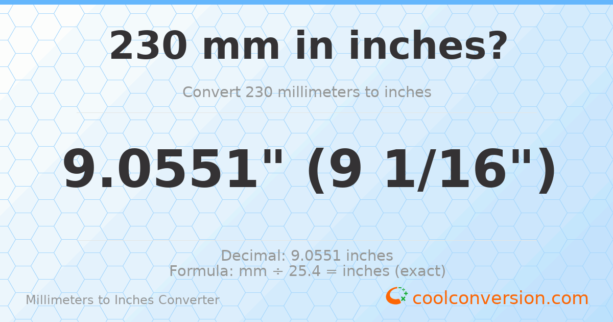 230 mm to inches — 9.0551"