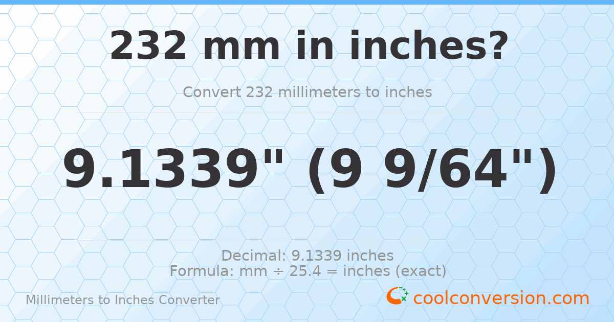 232 mm to inches — 9.1339"