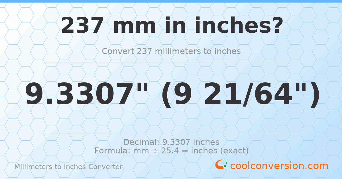 237 mm to inches — 9.3307"