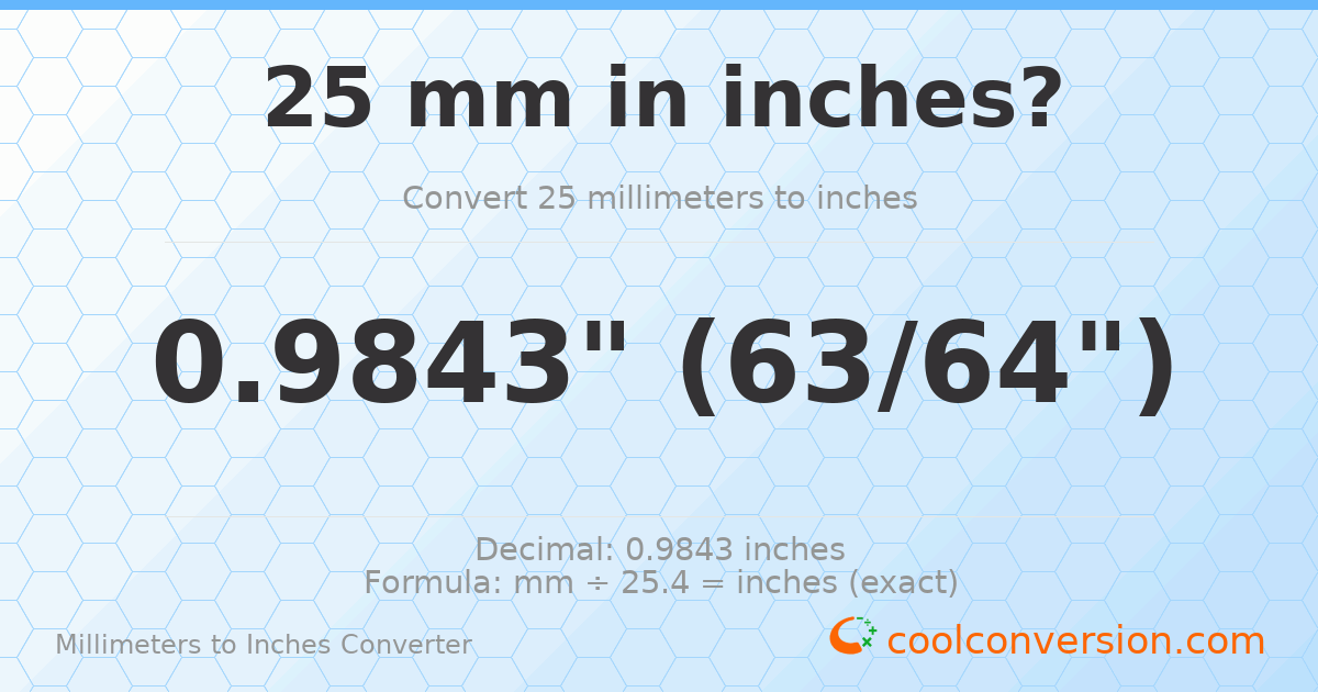 25 mm to inches — 0.9843"