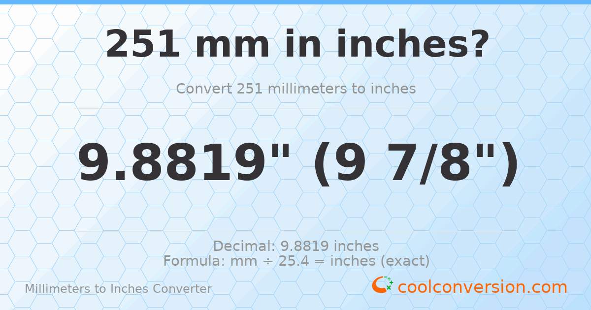 251 mm to inches — 9.8819"