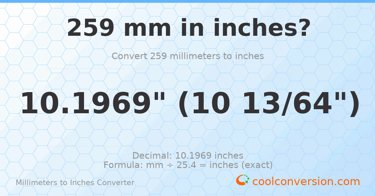 259 mm to inches — 10.1969"