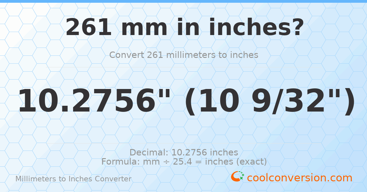 261 mm to inches — 10.2756"