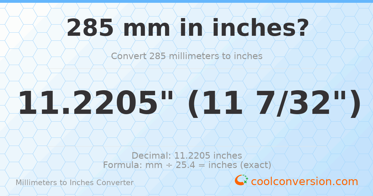 285 mm to inches — 11.2205"