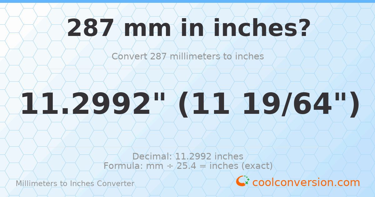 287 mm to inches — 11.2992"