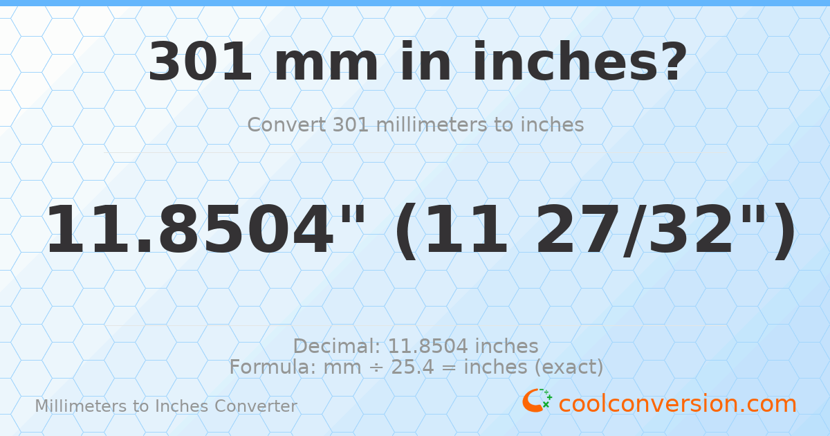 301 mm to inches — 11.8504"