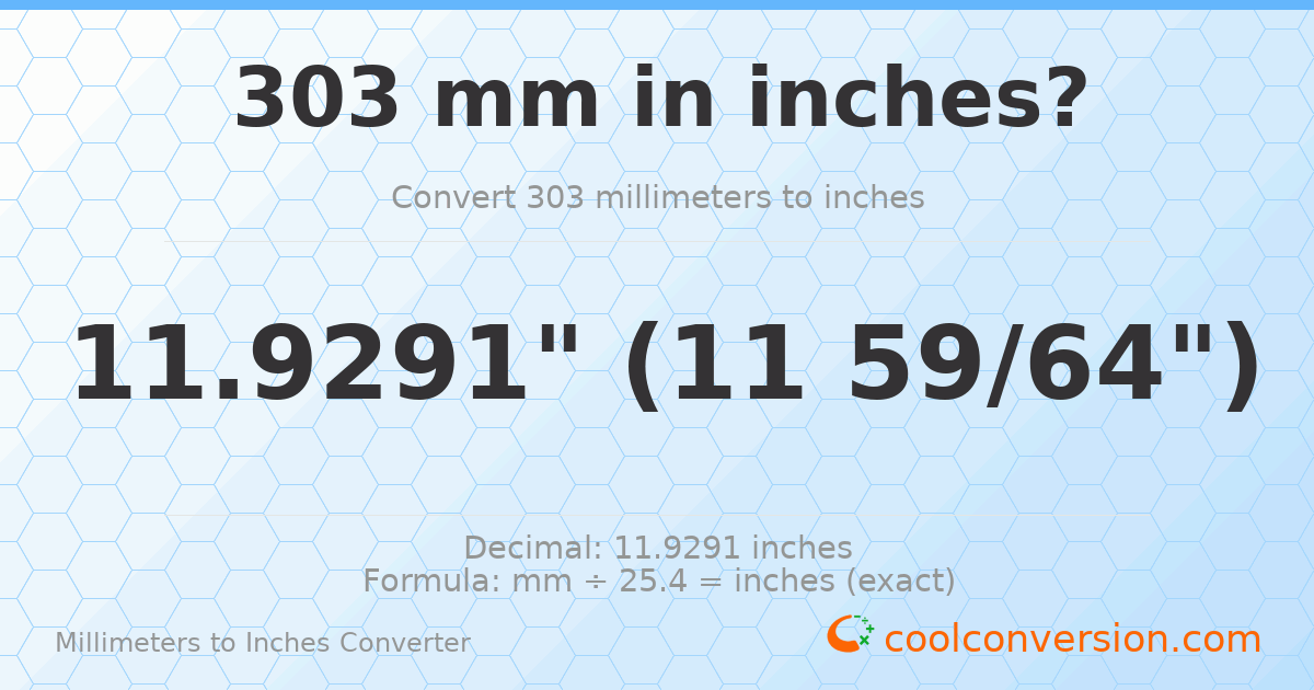 303 mm to inches — 11.9291"