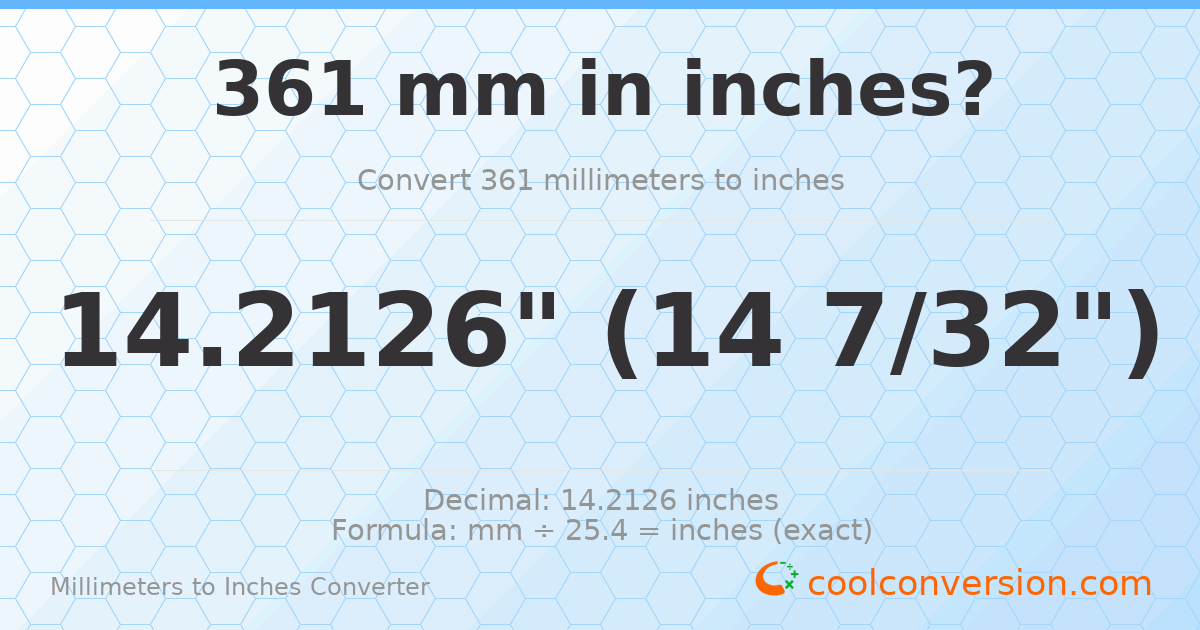 361 mm to inches — 14.2126"