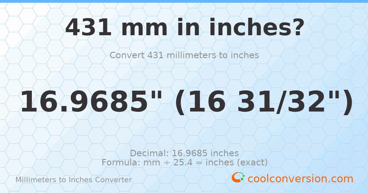 431 mm to inches — 16.9685"