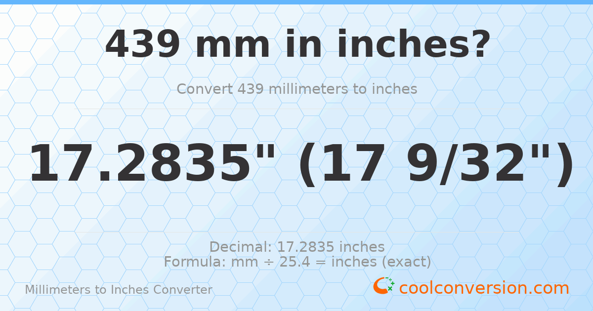 439 mm to inches — 17.2835"