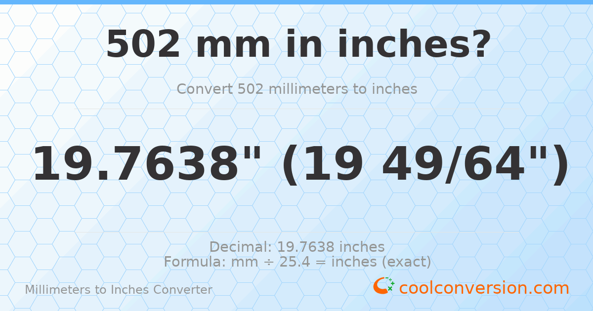 502 mm to inches — 19.7638"