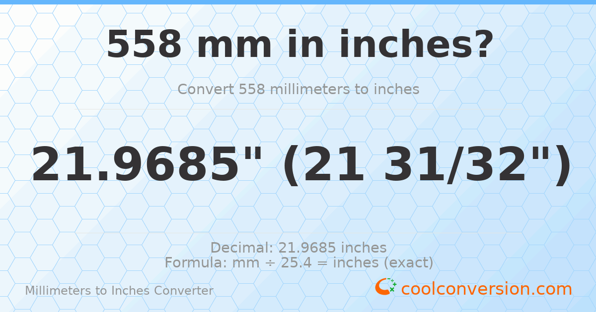 558 mm to inches — 21.9685"