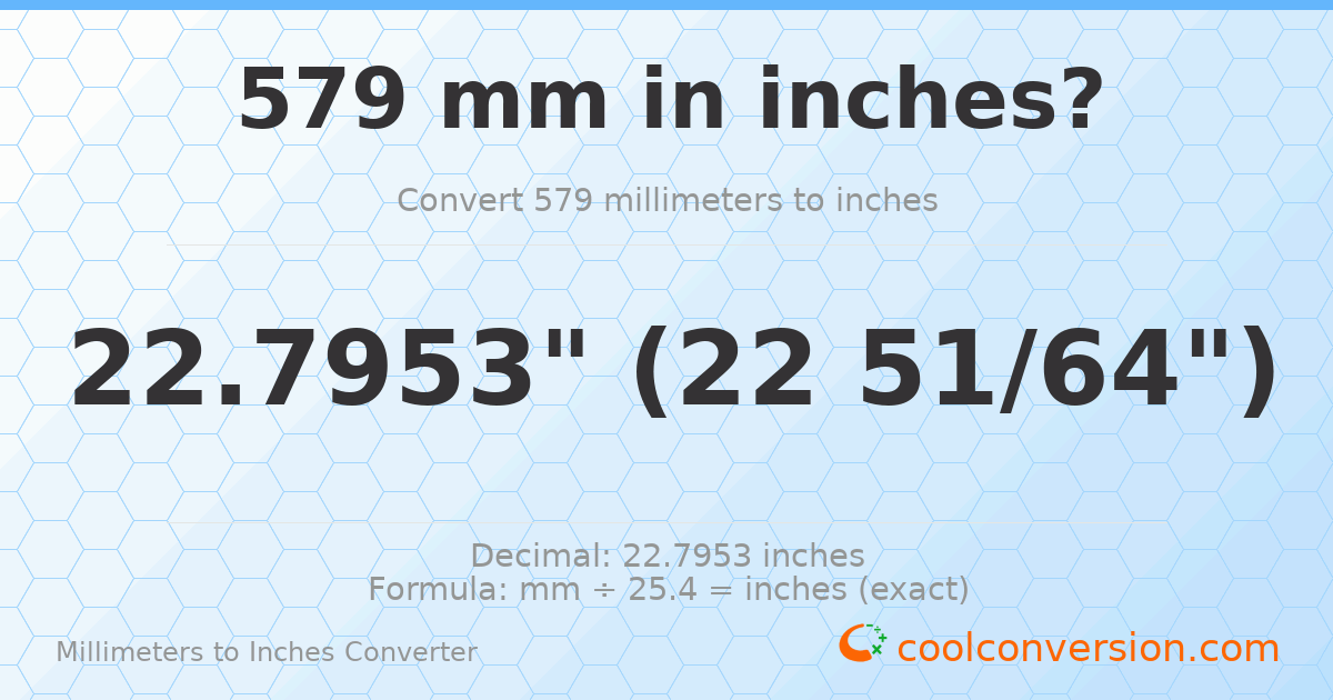 579 mm to inches — 22.7953"