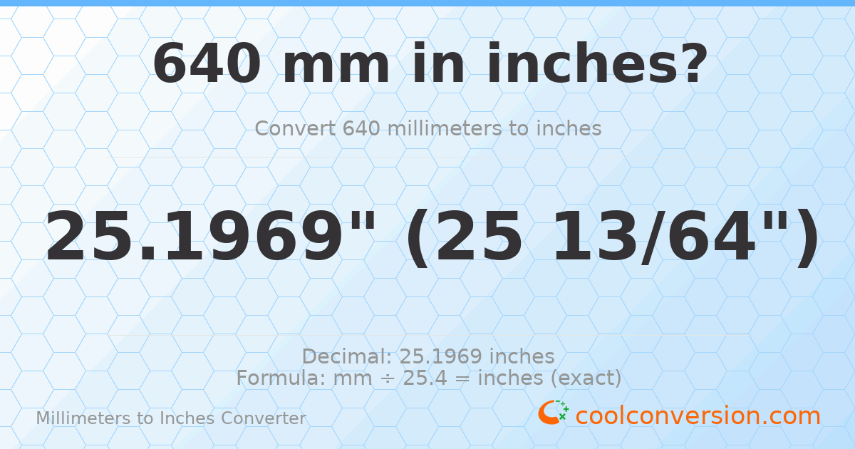 640 mm to inches — 25.1969"