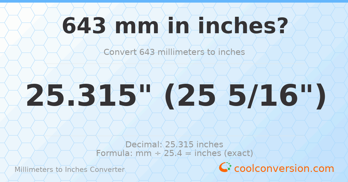 643 mm to inches — 25.315"