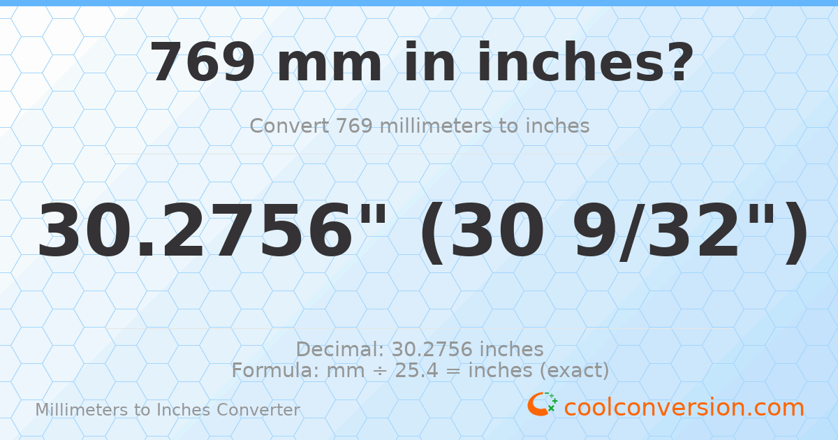 769 mm to inches — 30.2756"
