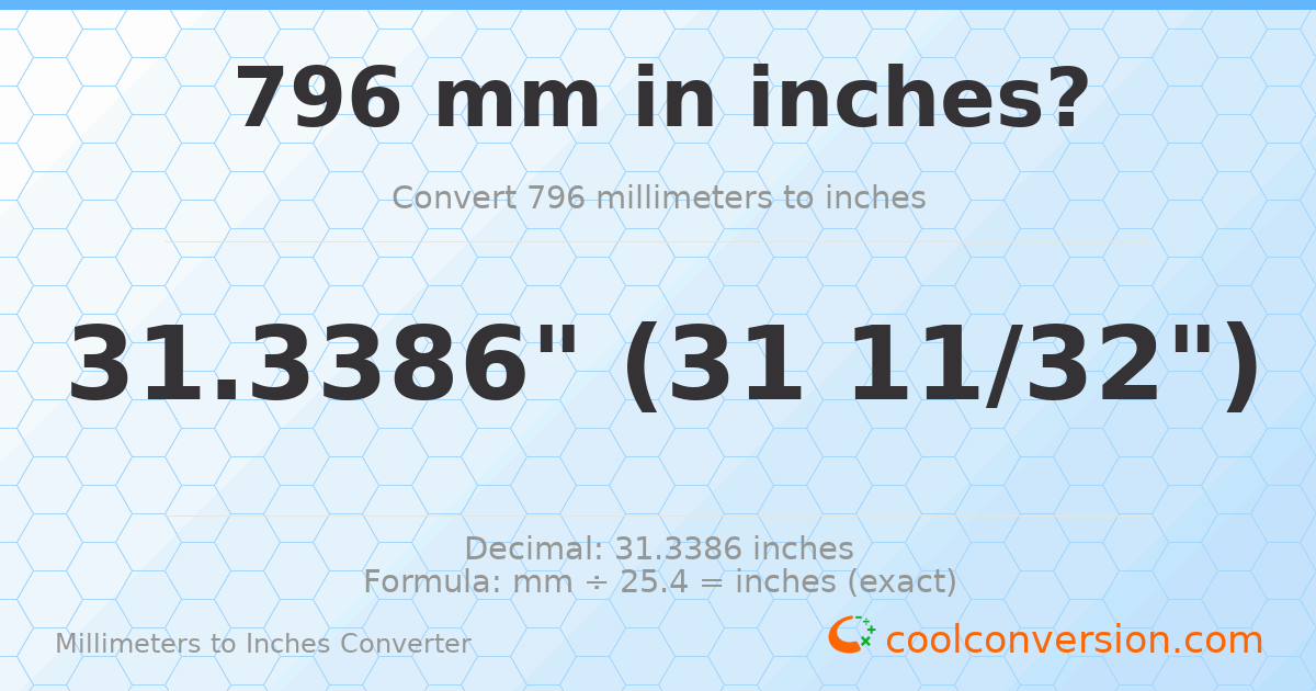 796 mm to inches — 31.3386"