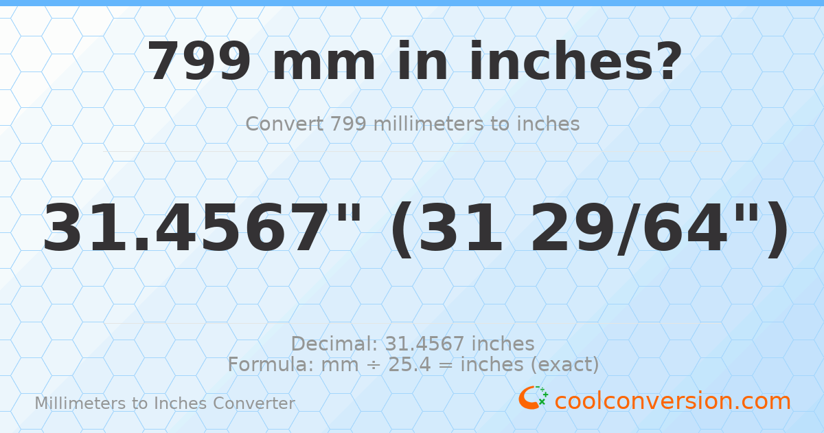 799 mm to inches — 31.4567"