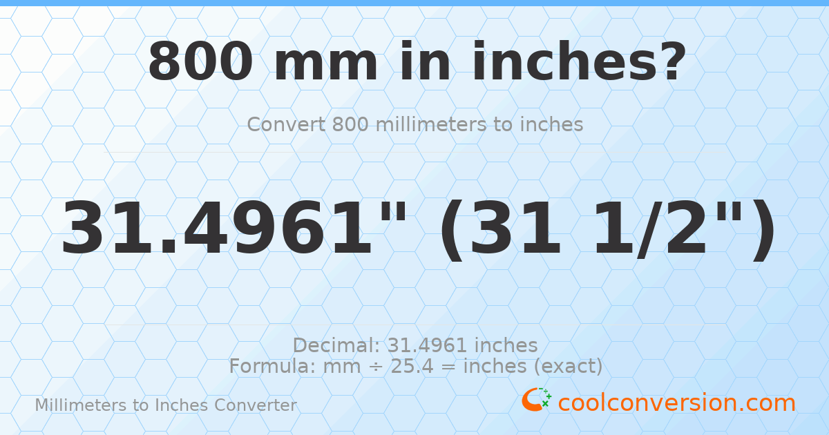 800 mm to inches — 31.4961"