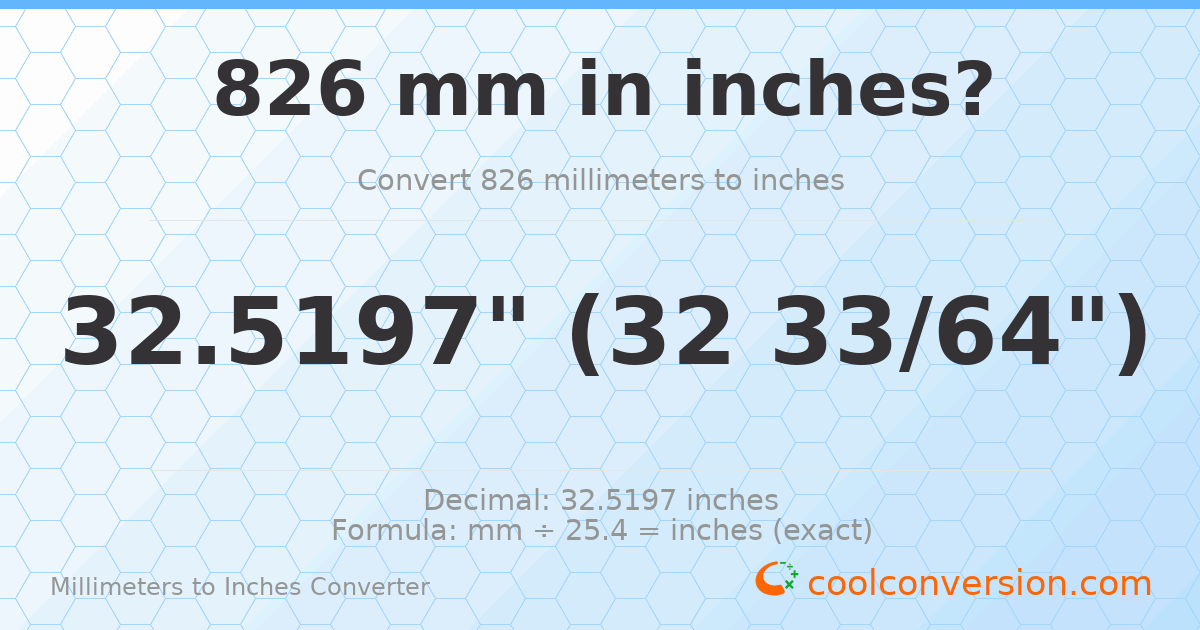 826 mm to inches — 32.5197"
