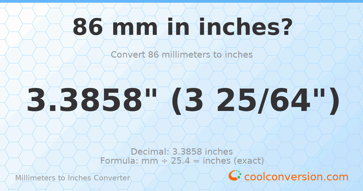 86 mm to inches — 3.3858"