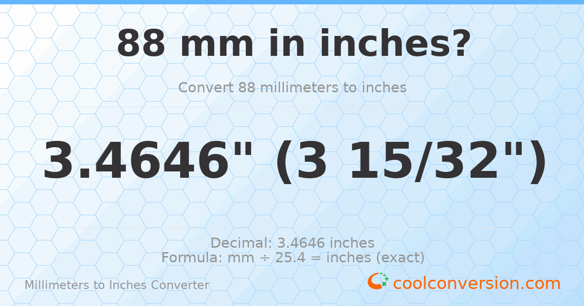 88 mm to inches — 3.4646"