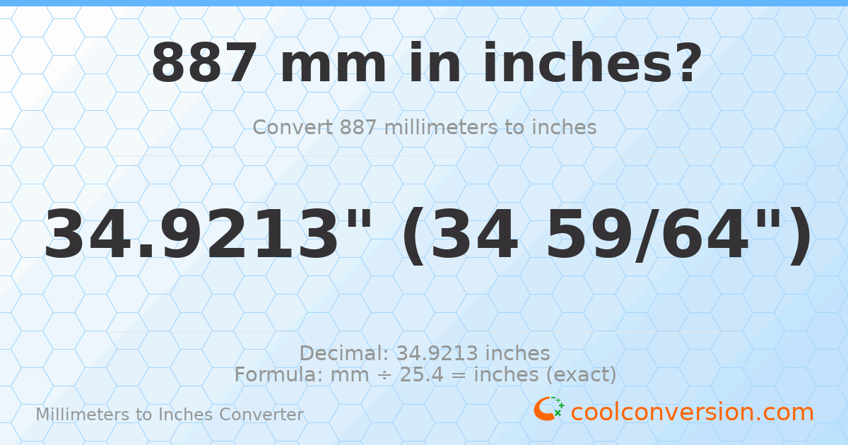 887 mm to inches — 34.9213"