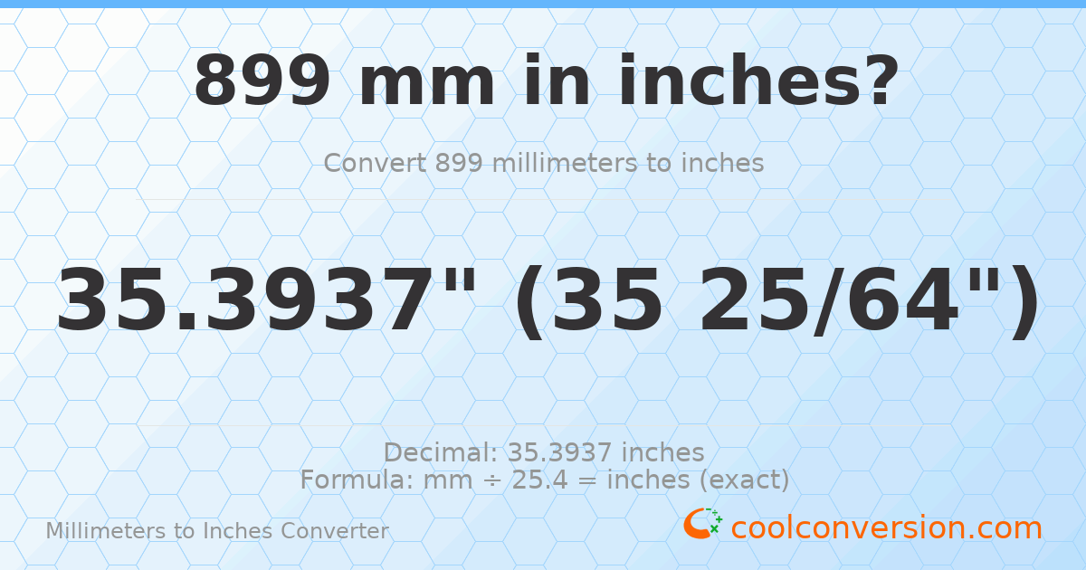 899 mm to inches — 35.3937"